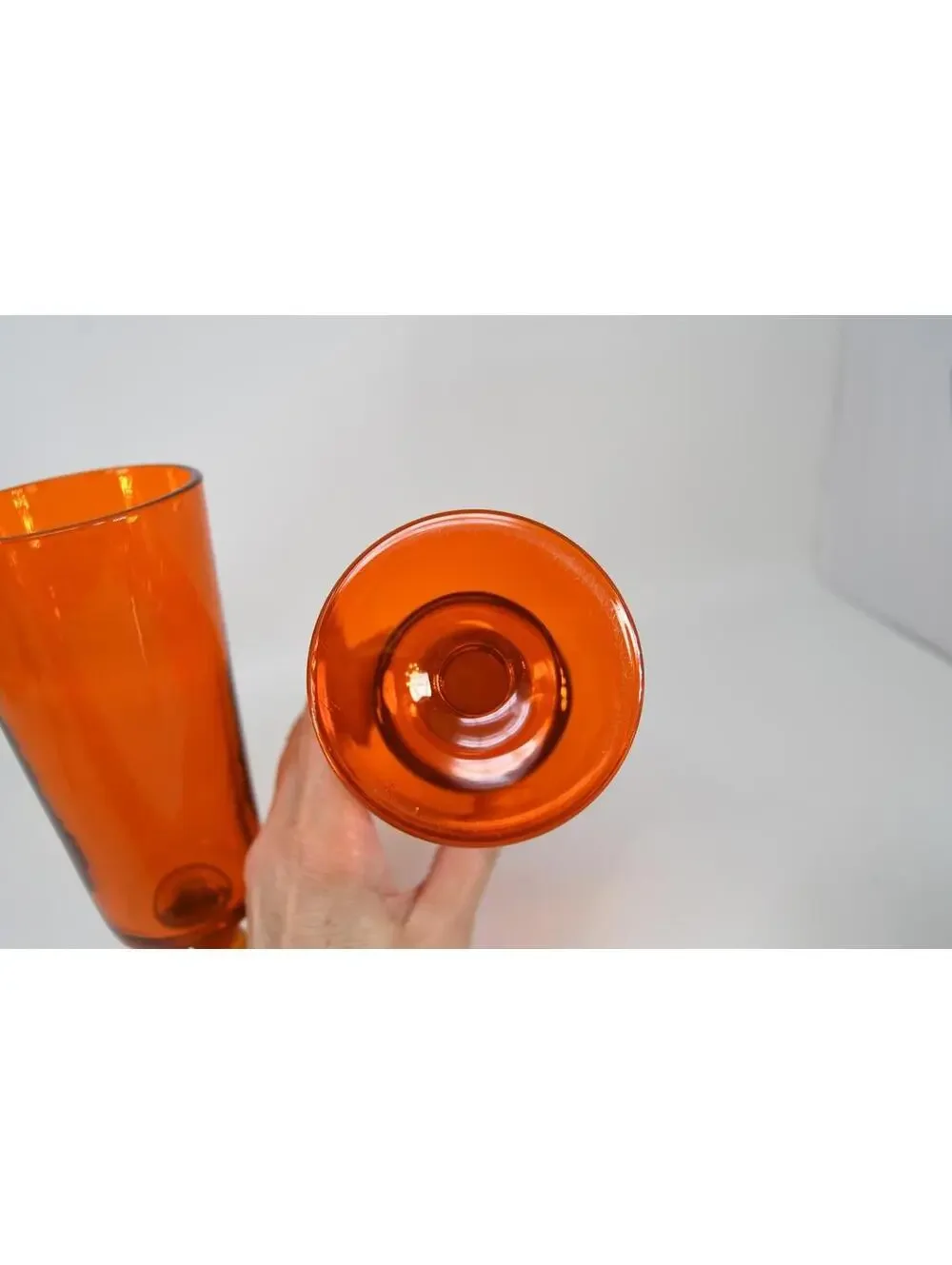 Mid Century Orange Glass Water Goblet Bubble Knob Stem 7